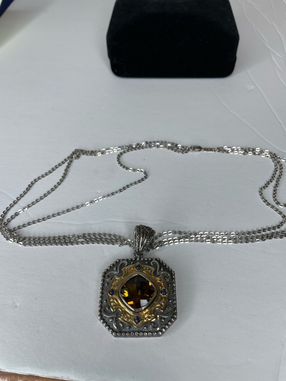 Golden Brown Stone & Blue Stones SS Pendant  with Three Strand SS Necklace